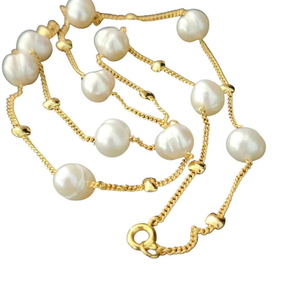 Dainty pearl station necklace genuine pearls 18k GP chain  P131 A330 -Q1